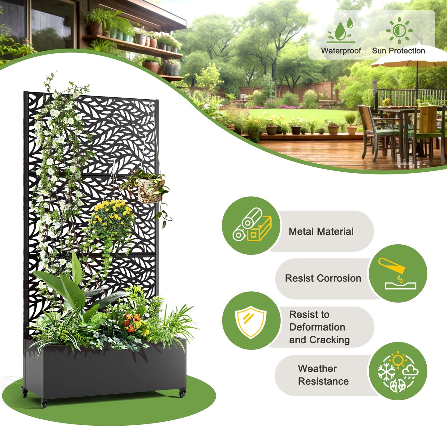 FENCY Metal Raised Garden Bed with Wheels and Trellis,73"x35"x16" Planter Box for Climbing Plants, Vegetables & Vines, Features Privacy Screen and Drainage Holes (Black-Leaf)