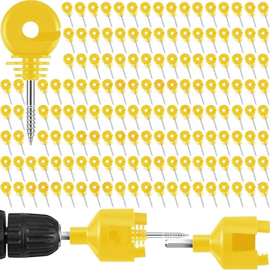 Sweetude 200 Pcs Electric Fence Insulator with 1 Pcs Insulator Socket Tool Screw in Ring Post Wood Post Electric Fence Ring with Socket Tool for Animal (Yellow)