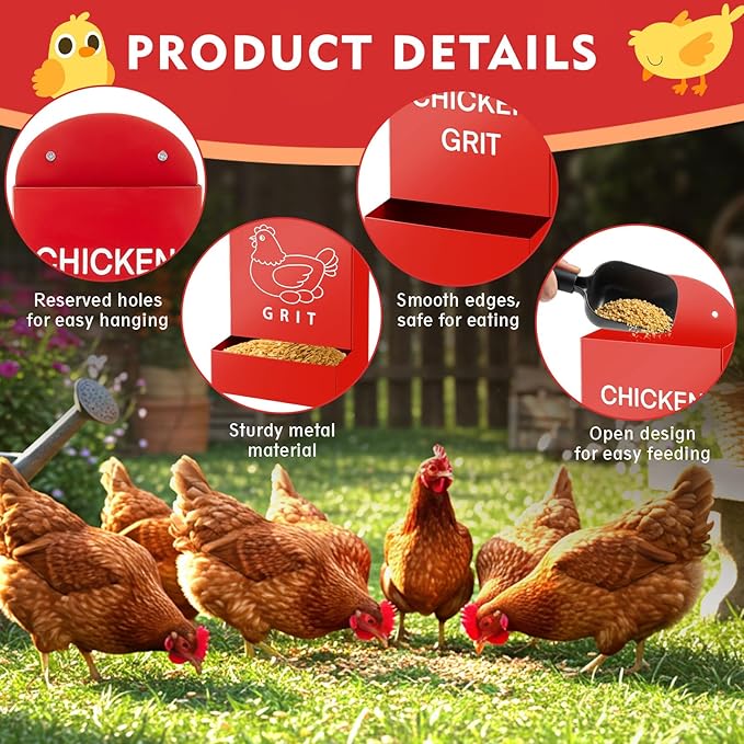 Leinuosen 4 Pack Metal Chicken Oyster Shell and Grit Feeder Combo Large Capacity Hanging Chicken Feeder Trough Automatic Gravity Poultry Coop Accessories Water Dispenser for Chicks, Ducks, Quail