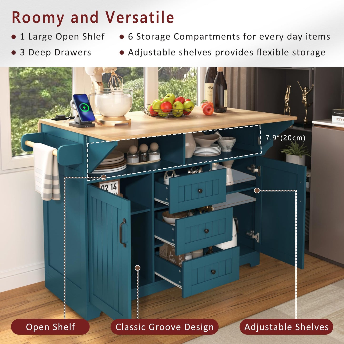 Merax 55.7" Large Kitchen Cart Island on Wheels with 2 Drop Leaf,Power Outlet,3 Drawers,Wood Cabinet for Dining Room