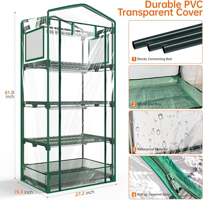 Bstrip Indoor Greenhouse with Grow Lights, PVC Tent with Waterproof Base Mat, Airflow Windows&Zippered Door, 4Pcs Grow Lights for Seed Starting with Timer, 4-Tier Greenhouse Shelf 27.2x19.3x61.8in