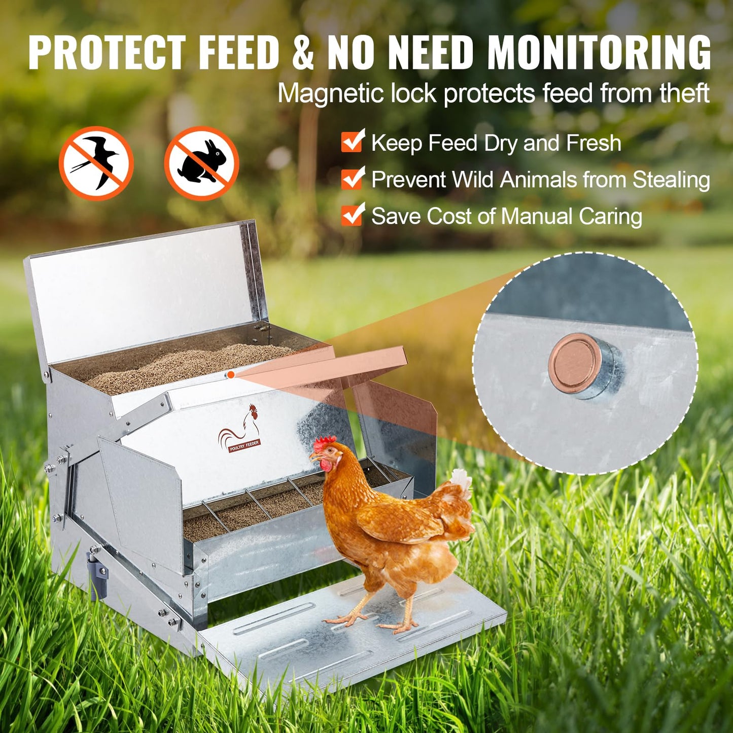 VEVOR Poultry Feeder, 25lbs Capacity, Feed Chicken Feeder with Lid & Lock, Outdoor Coop Food Dispenser, No Waste, Weatherproof Galvanized Metal Feeder for Ducks, Geese