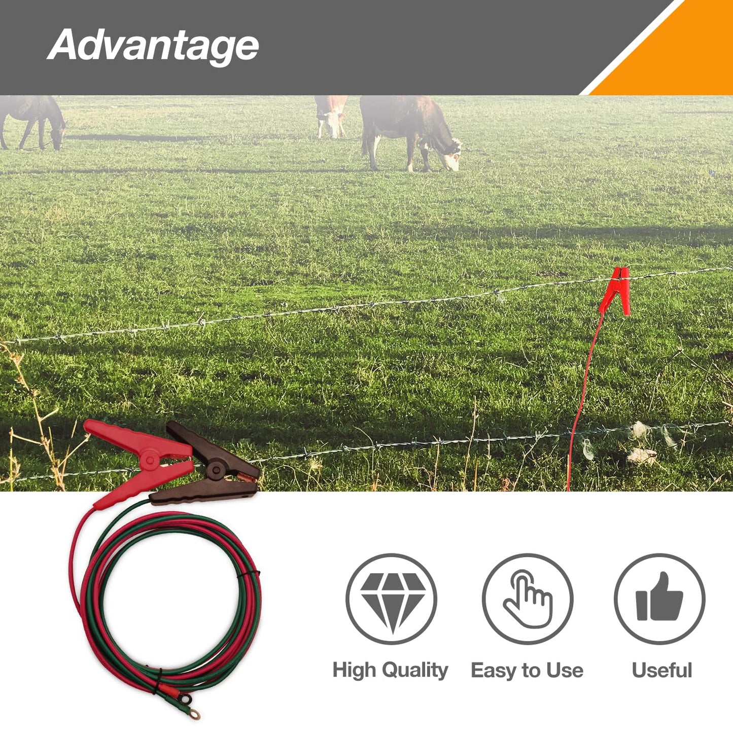 HIBUMFX 10ft Farm Electric Fence Jump Leads - UL Listed Tinned Copper Wire with Crocodile Clip for Energizer to Fence Wire & Ground System (10ft Energizer Leads Set)