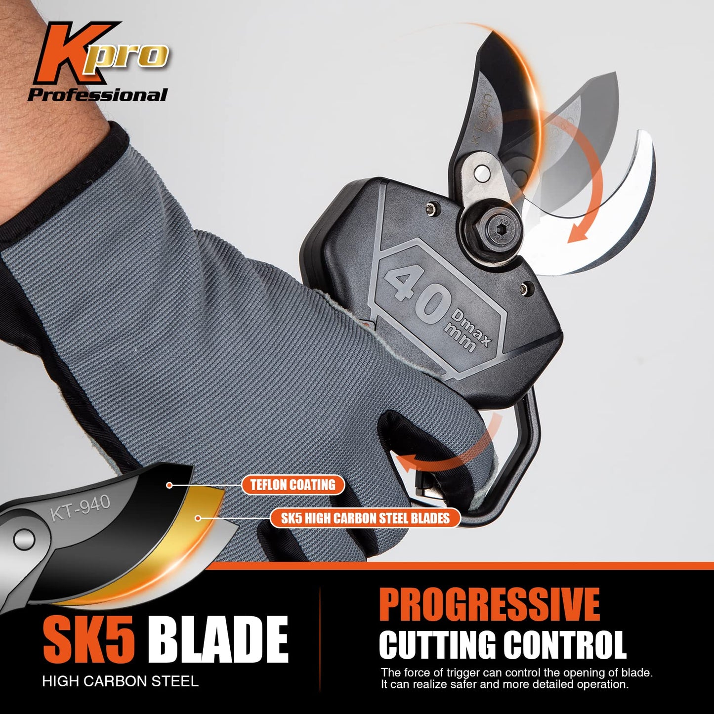 2 In 1 Electric Pruning Shears 40MM, Kebtek Cordless Pruner with Extension Pole 18V Brushless Motor 2Pack 2AH Rechargeable Battery-LCD Display Screen (KT940 Pruner+Pole Set)
