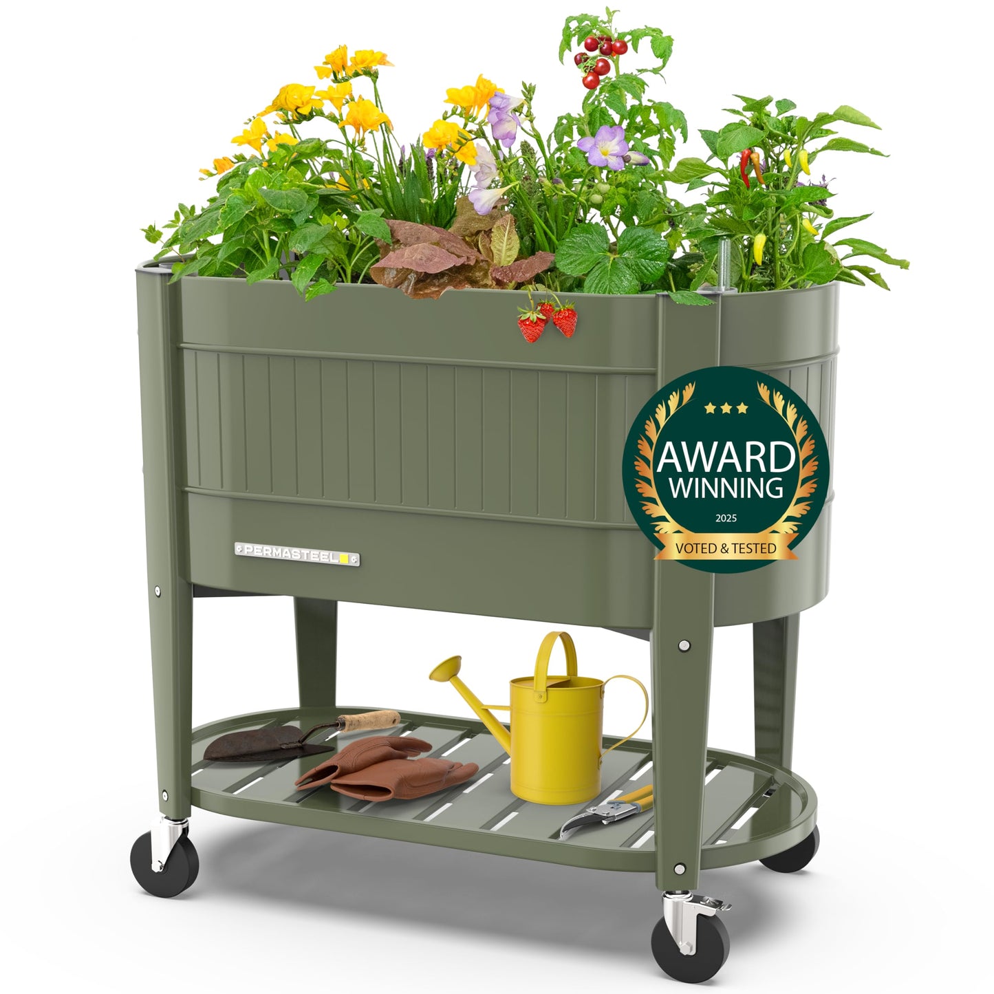 Permasteel Raised Garden Bed with Legs, 40×20×37 in, Planter Box with EnGrow™ TrueSoil™ Technology for Vegetables, Flowers, Herbs, and Fruit, Outdoor Indoor, Storage Shelf, Green