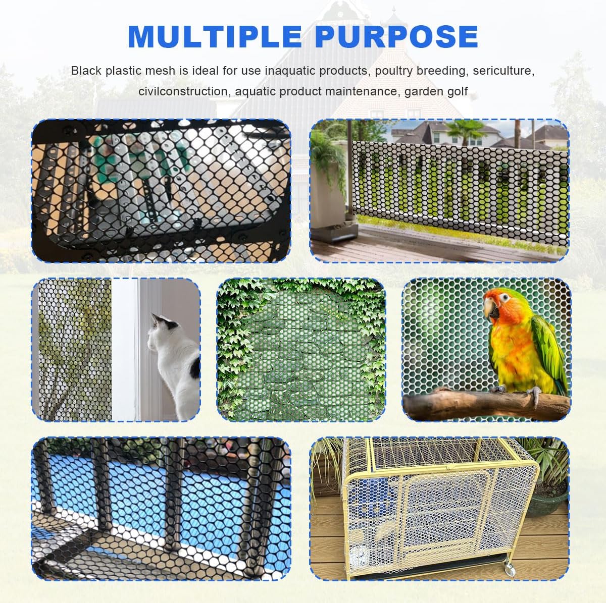 Black Plastic Mesh Fence Roll with Zip Ties – Pet & Garden Barrier for Dogs, Rabbits & Poultry • Balcony & Snake Protection,Easy Install (15.7INx16.4FT)