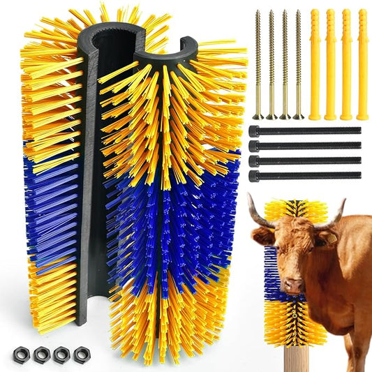 CONLI 2 PCS Livestock Scratching Brush with 4 Screws, Horse Brush with Plastic Bristles for Grooming, Cow Scratcher Goat Scratching Post, Full Massage Grooming Brushes for Horse Sheep Cattle (Yellow)
