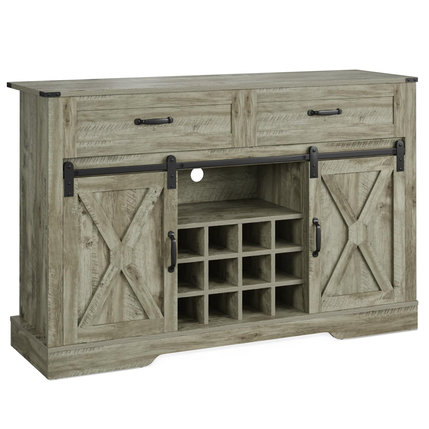 RoyalCraft Farmhouse Buffet Cabinet with Storage, 52'' Wine Bar Cabinet with Sliding Barn Door, Liquor Coffee Bar Cabinet and Sideboard for Kitchen, Dining Room, Light Grey