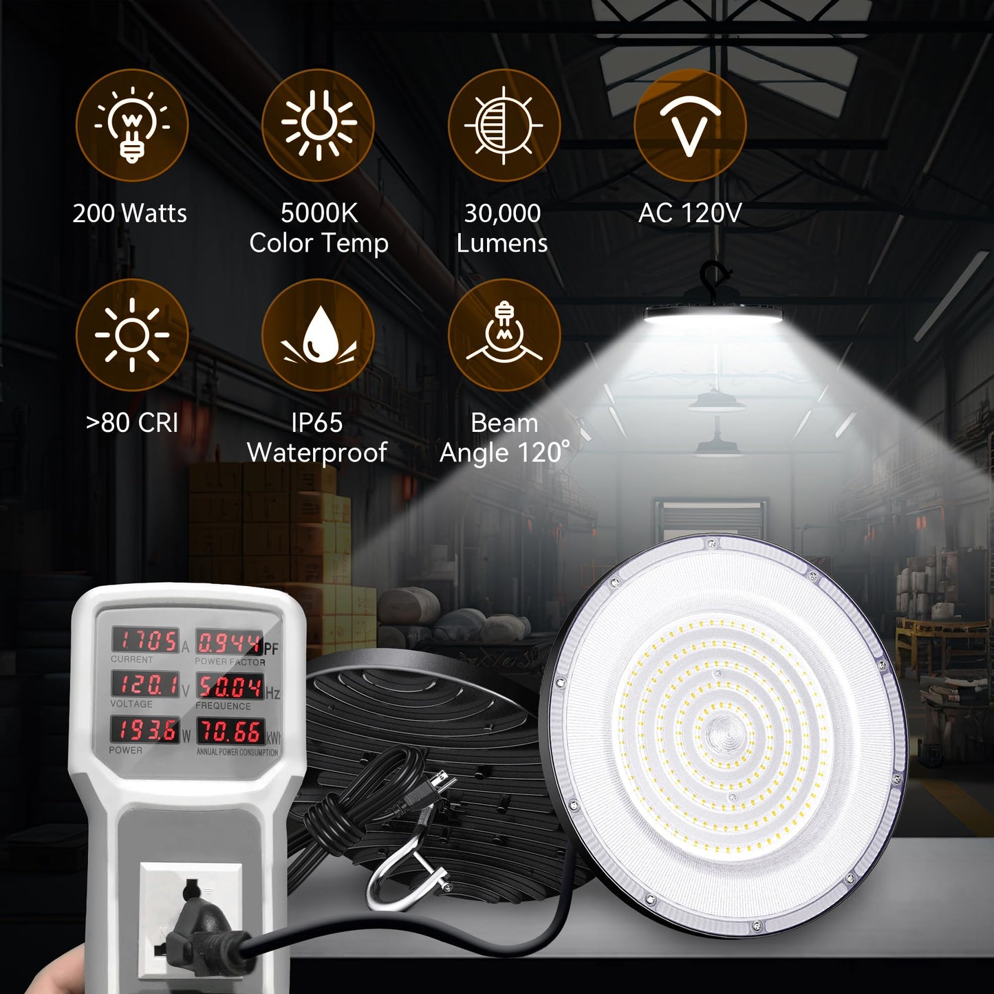 Yihuven 12 Pack UFO Led High Bay Light 200W, 30000lm, 5000K Daylight High Bay Led Lights with 5' Cable US Hook, IP65 Waterproof Commercial Lighting Fixture for Warehouse Workshop Barn Factory