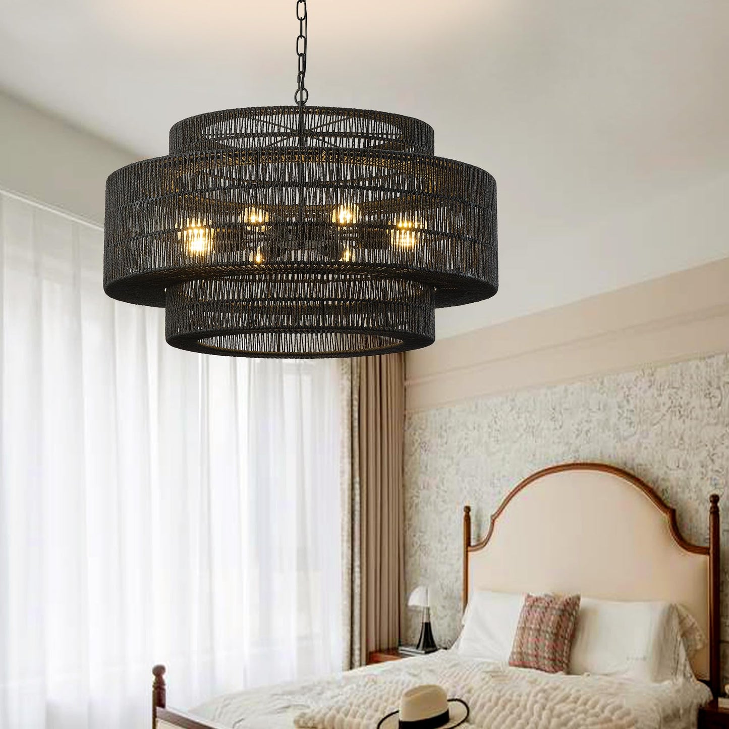 Giutna 31.5"Large Boho Rattan Farmhouse Chandeliers for Dining Room,8-Light Rattan Hand-Woven Rustic Drum Chandelier Pendant Light Fixture for Kitchen Island Bedroom Living Room Entryway Foyer(Black)