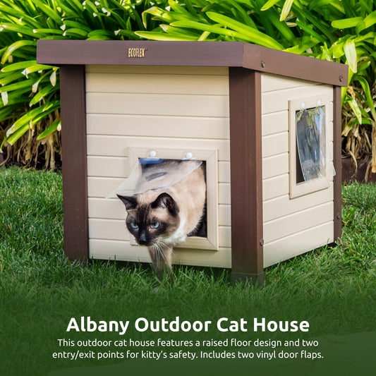 New Age Pet ECOFLEX Outdoor Cat House - Durable, Ventilated, Dual Entry, Easy Assembly, Elevated Floor, Heated Pad Compatible, 10-Year Warranty, for Multiple Cats, Maple/Brown