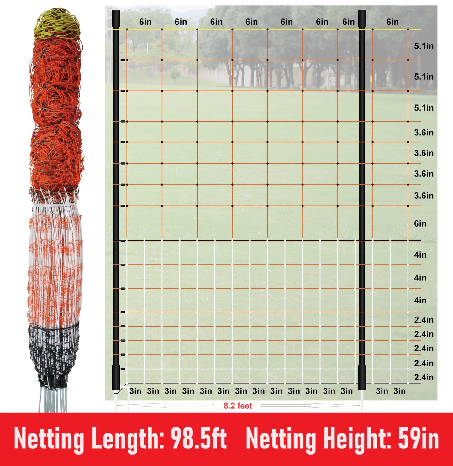 Electric Premium Poultry Netting Fence 59”H x 98.5’L - Versatile Portable Electric Fencing for Flying Chicken Sheep Goats Deer Hogs Dogs, Used in Backyards Homesteaders Farms and Ranches, PK1