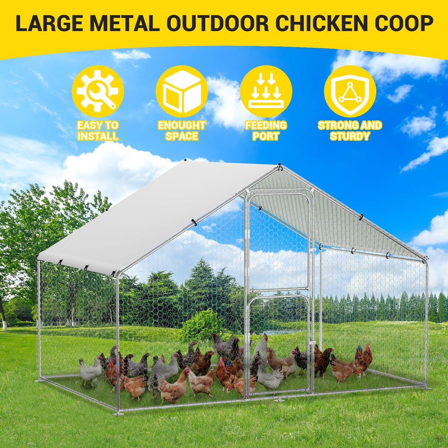 GarveeLife Large Metal Chicken Coop with Waterproof and Anti-UV Cover, Walk-in Poultry Cage, Chicken Pen, Outdoor Chicken Run for Backyard Farm Use, 9.8x6.5x6.5 FT