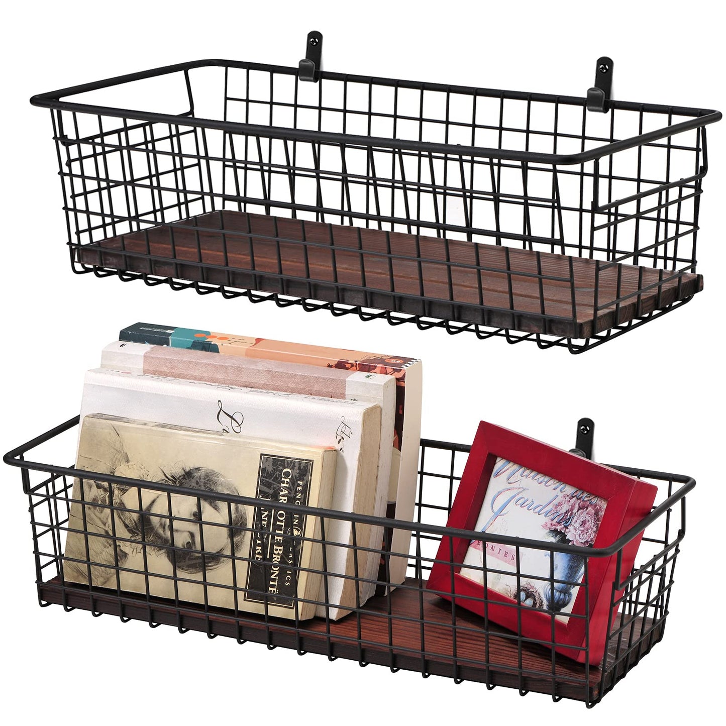 SheeChung 2 Set [Extra Large] Portable Metal Farmhouse Wall Decor Storage Organizer Basket Bin with Handles & Floating Shelves for Hanging in Bathroom,Kitchen,Office-Wall Mount Hooks (2, Black)