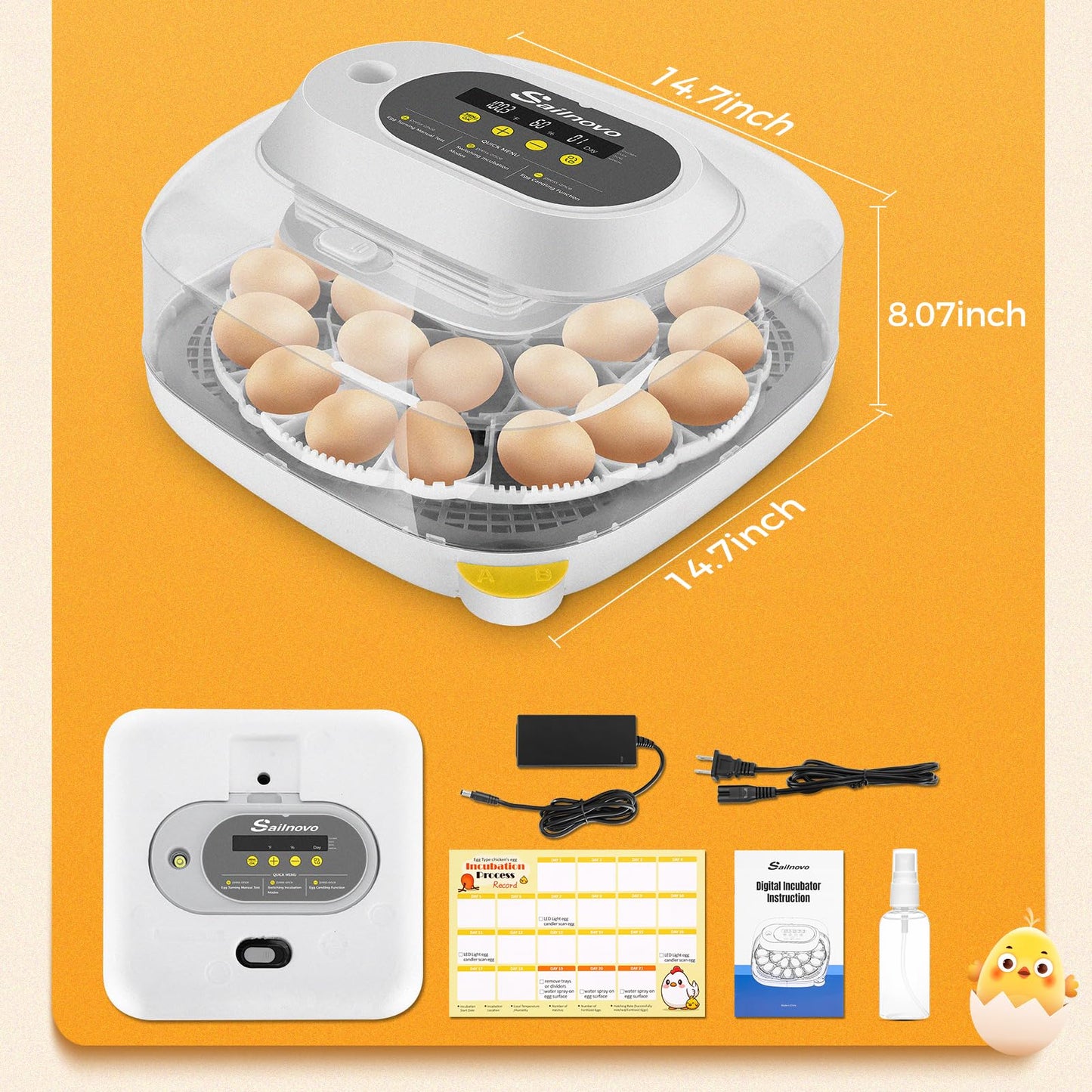 Sailnovo 24 Egg Incubators for Hatching Eggs, 4 Modes Egg Incubator with Automatic Egg Turning and Humidity Display, Egg Candler - 360° View with Clear Window Incubators for Hatching Chicks, Grey