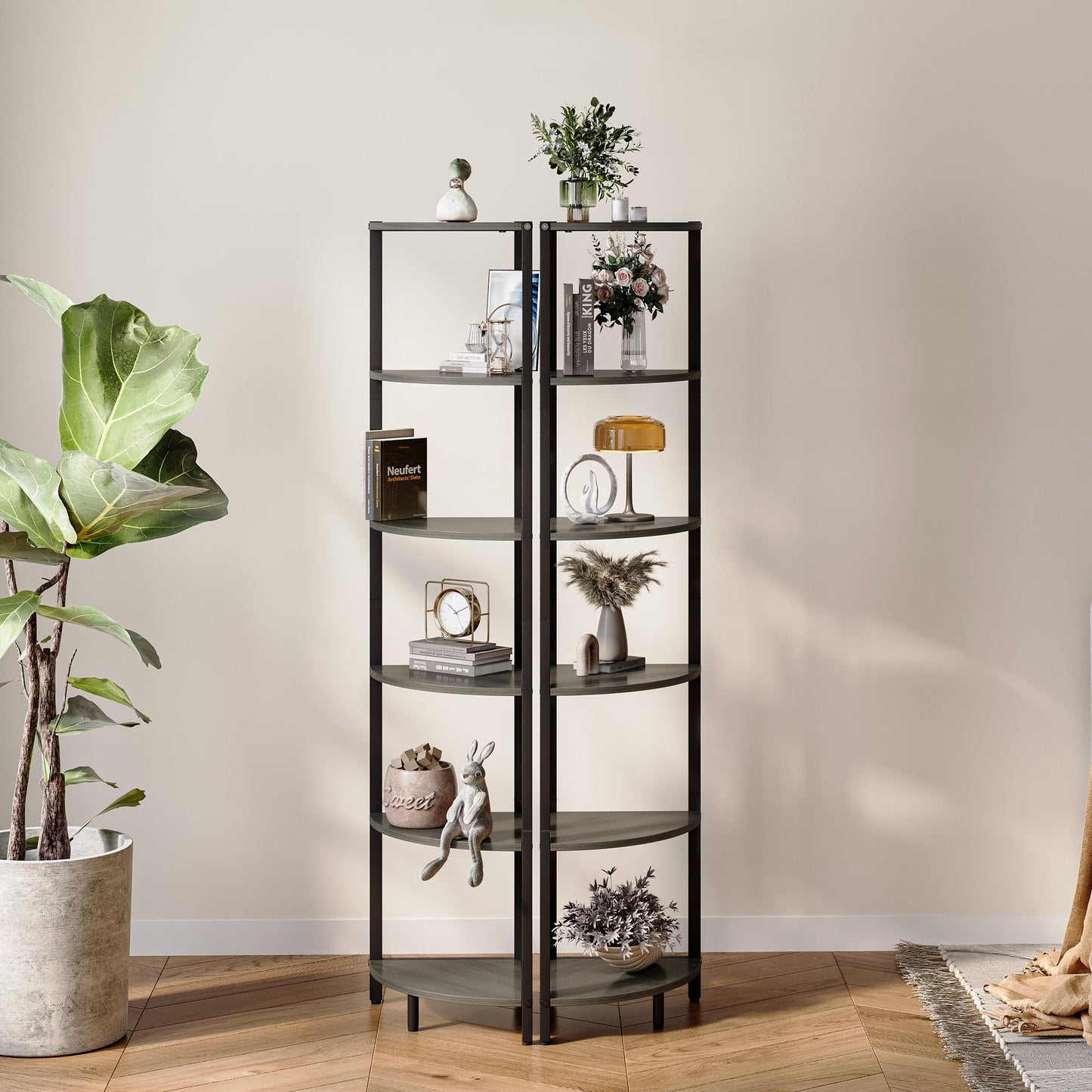IRCPEN 6 Tier Corner Shelf 63.1" Tall Ladder Corner Storage Shelf Rack Grey Woodgrain Industrial Standing Bookshelf Shelf Organizer Display Rack Bookcase Plant Stand for Living Room Bedroom CS-001GW
