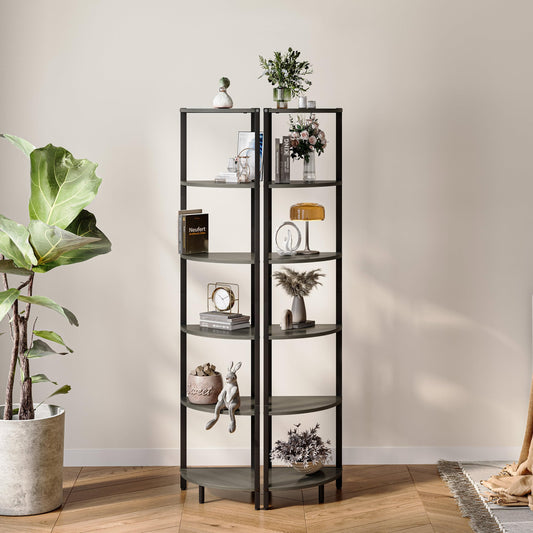 IRCPEN 6 Tier Corner Shelf 63.1" Tall Ladder Corner Storage Shelf Rack Grey Woodgrain Industrial Standing Bookshelf Shelf Organizer Display Rack Bookcase Plant Stand for Living Room Bedroom CS-001GW