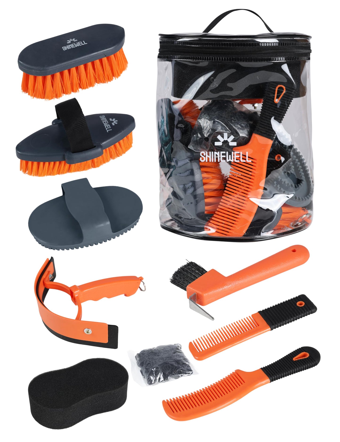Shinewell Horse Grooming Brushes Kit 9 pieces with Organizer Bag Grooming Care Series Horse Brush Sets Orange