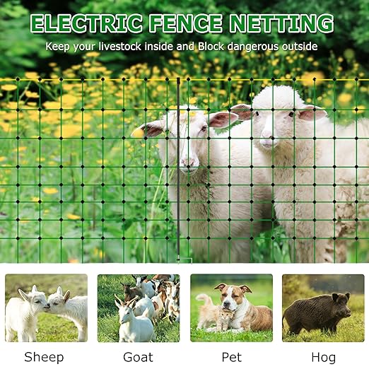 Electric Fence Netting, 35.4" H x 164' L, PE Net Fencing with 14 Posts Double Spiked, Utility Portable Mesh for Goats, Sheep, Lambs, Deer, Hogs, Dogs, Used in Backyards, Farms and Ranches