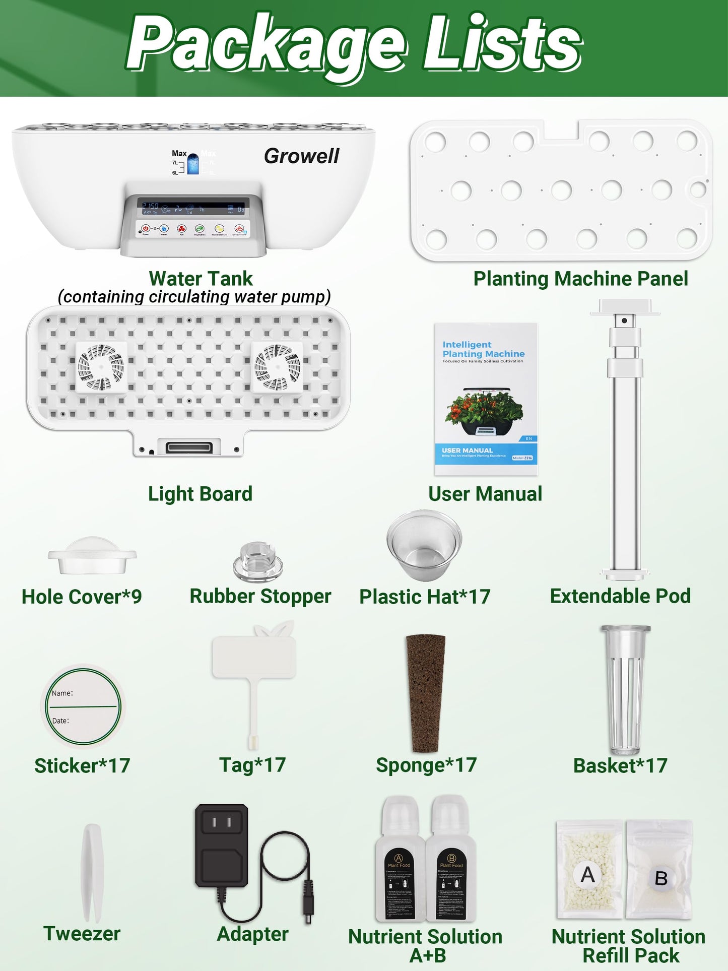 Growell Hydroponics Growing System Kit, 17 Pods Herb Garden with 102 28W Full-Spectrum Grow Lights & 2 Fans, Indoor Garden with Water Pump, 10L Water Tank, Auto Timer, Height Adjustable