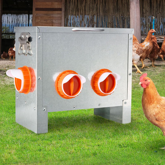 Automatic Chicken Feeder No Waste Large Capacity 25lbs 4-Ports Metal Poultry Feeder with Pull Handle for Chickens Geese Ducks Poultry Coop Weatherproof Design (25lb with 4 Ports)