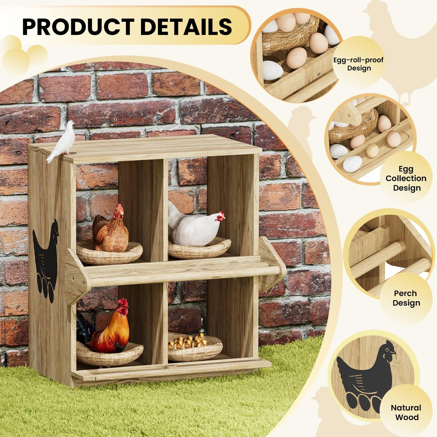 Chicken Nesting Box, 4 Compartment Wooden Nesting Boxes for Chickens with Perches, Floor/Stand/Wall Mount Large Chicken Nesting Boxes for Small & Medium Poultry