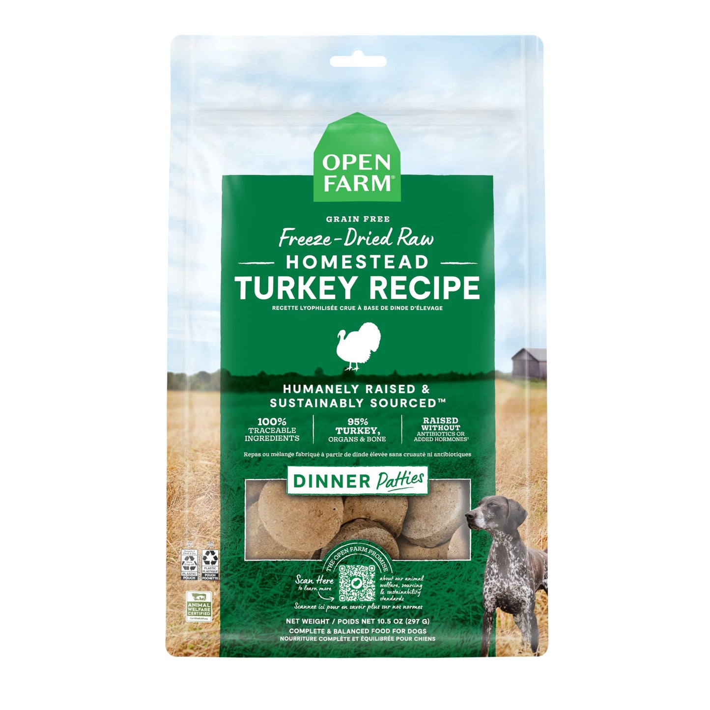 Open Farm, Freeze Dried Raw Dog Food, Patties with 95% Meat, Organs & Bone, Complete Meal or Freeze Dried Dog Food Mixer, Turkey Recipe, 17.5oz Bag
