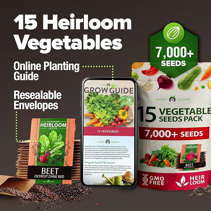HOME GROWN Premium Heirloom Vegetable Seeds - 15 Varieties, 8,900+ Non GMO Seeds for Planting, Complete Vegetable Garden Kit for Indoor & Outdoor Growing, Survival Seed Vault for Preppers