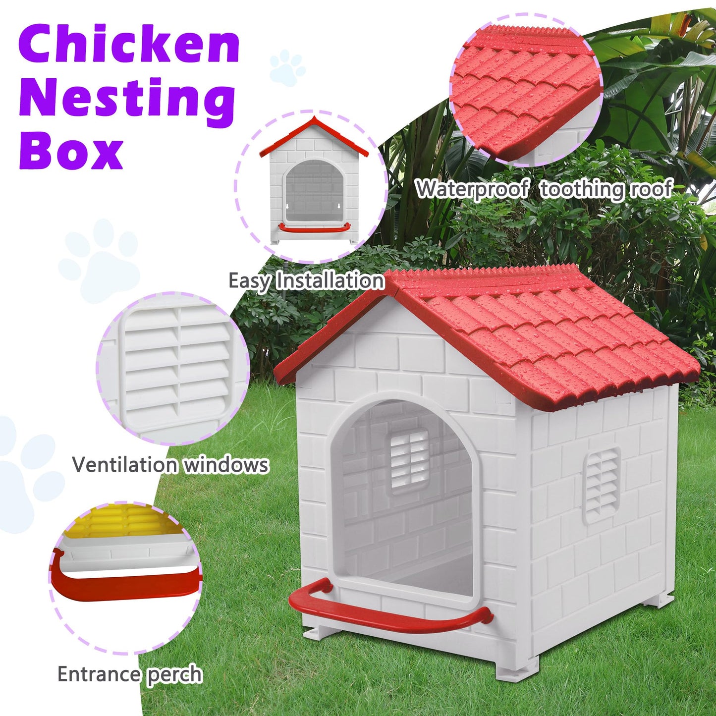 Chicken Nesting Box, 100% Waterproof Hens Nesting Box for Laying Eggs for Hens, Ducks and Poultry, Large Signle Compartment Chicken Nesting Boxs Indoor & Outdoor (Red)