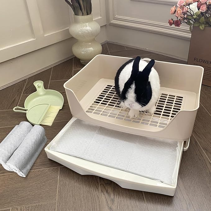 Large Rabbit Litter Box Bunny Potty Training Corner Litter Pan with Drawer Comes with Liners Rabbit Pee Pads, Small Animal Bedding Toilet for Adult Guinea Pig, Ferret, Hamster, Bunnies