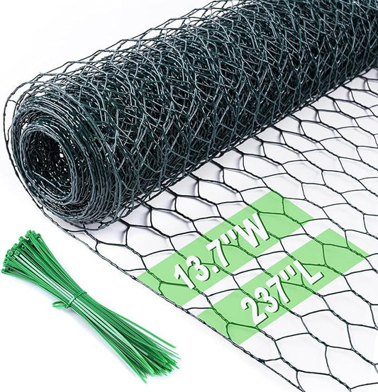 Chicken Wire 13.7 in x 237 in Poultry Wire Netting Hexagonal Galvanized Mesh Garden Fence Barrier for Pet Rabbit Chicken Fencing with 100 Pcs Cable Zip Ties(PVC-Coated)