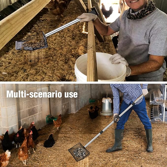 BABORUI 10Inch Large Chicken Poop Scooper, Adjustable Litter Scooper for Chicken, Detachable Stainless Steel Chicken Coop Cleaning Tools, Heavy Duty Poop Shovel for Chicken Coop Accessories