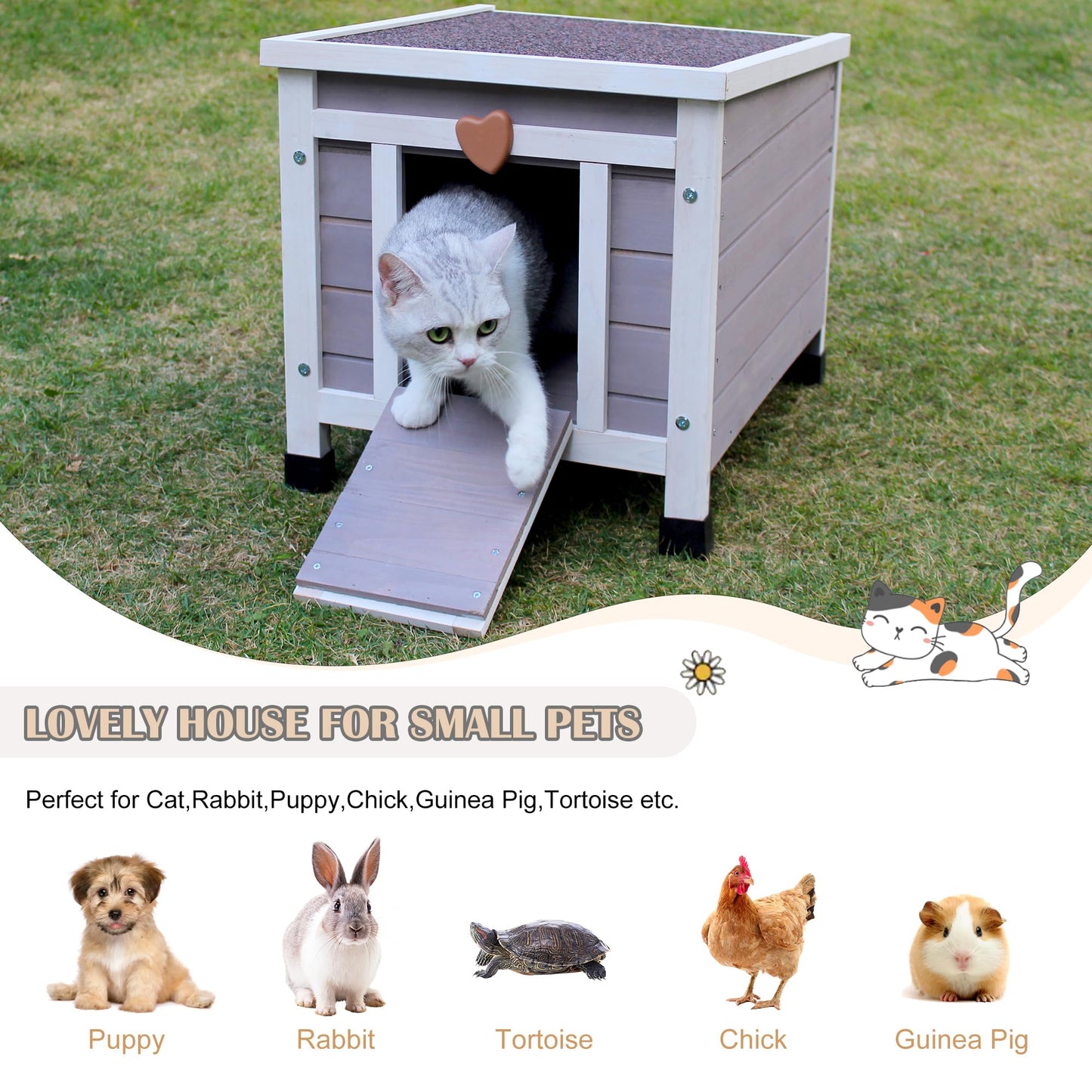 Hicaptain Feral Cat House for Outdoor, Weatherproof Cat House Outdoor, Warm Wooden Small Pet House and Habitats (Grey House + Mat)