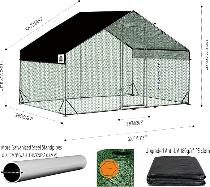 Chicken Coop Large Metal Chicken Run, Upgraded Anti-UV 180g/㎡ PE Cloth & 1.1mm Thickened PVC-Coated Hexagonal Chicken Wire Mesh & More Galvanized Steel Standpipes, Walk-in Chicken coop, 6.6×9.8×6.4FT