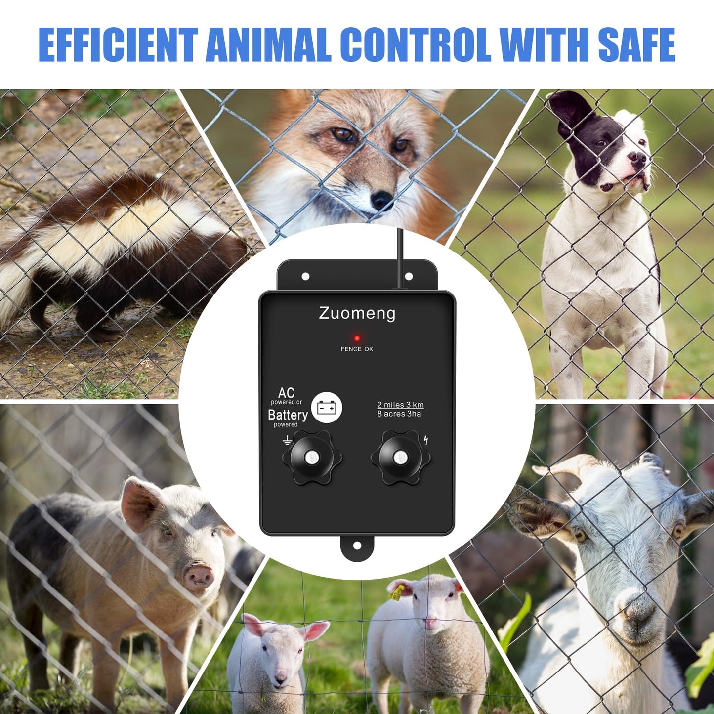 2-in-1 Electric Fence Energizer, Zuomeng 2-mile 8 Acres Electric Fence Charger Powered by Battery or Power Adapter, 0.1 Joules, Protect Your Livestock Garden Pasture from Wildlife
