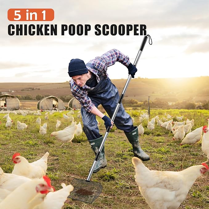 10 Inch Large Metal Chicken Poop Scooper for Sand & Coop Cleaning - Long Sifting Shovel with 24"-68" Adjustable Handle, 5 Lengths Heavy Duty Stainless Steel