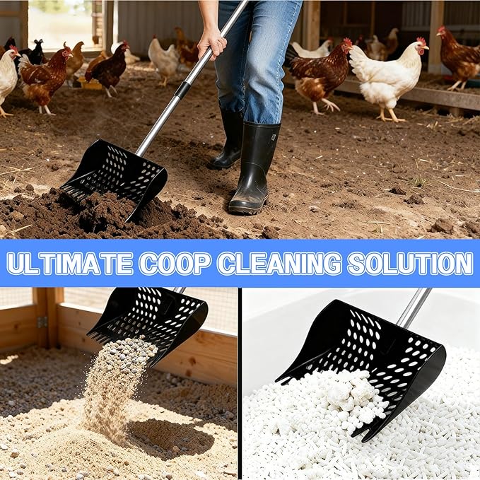 Chicken Poop Scooper & Rake 4-in-1, 9" Sifting Plate with Adjustable Stainless Steel Handle (35.4"-63") - Chicken Coop Scoop for Chicken Coops, Sand & Animal Litter (Single Unit, Black)