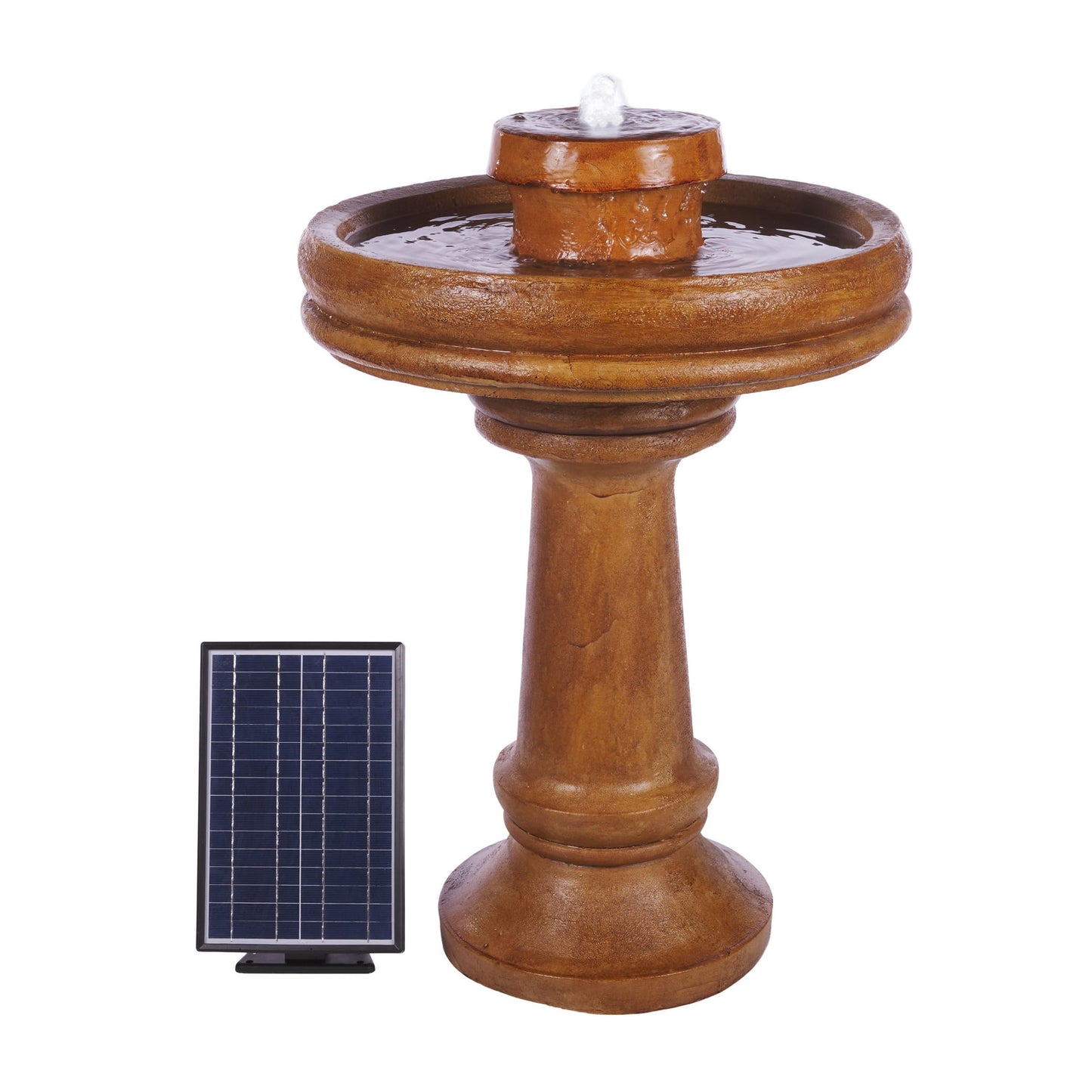 Alpine Corporation TZL202SLR 29" Solar-Powered Outdoor Birdbath Fountain with LED Lights – Elegant Pedestal Garden Water Feature for Backyard and Patio Décor, Brown