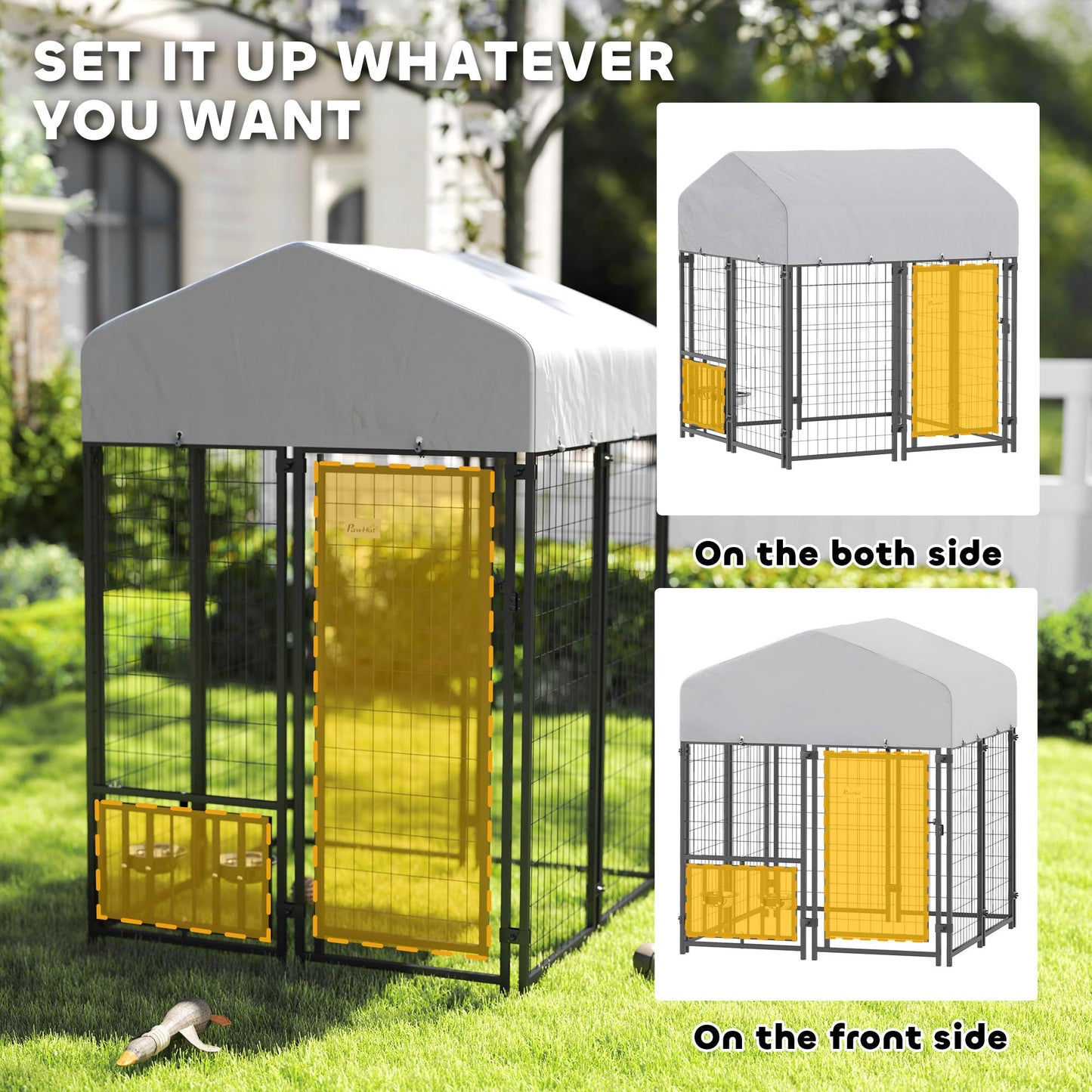PawHut 4' x 4' x 4.5' Outdoor Dog Kennel, Welded Wire Dog Kennel Outside Run with 360° Rotating & 4 Level Adjustable Bowls, Waterproof & UV Resistant Cover, for S&M Breeds, Chickens, Ducks, Silver
