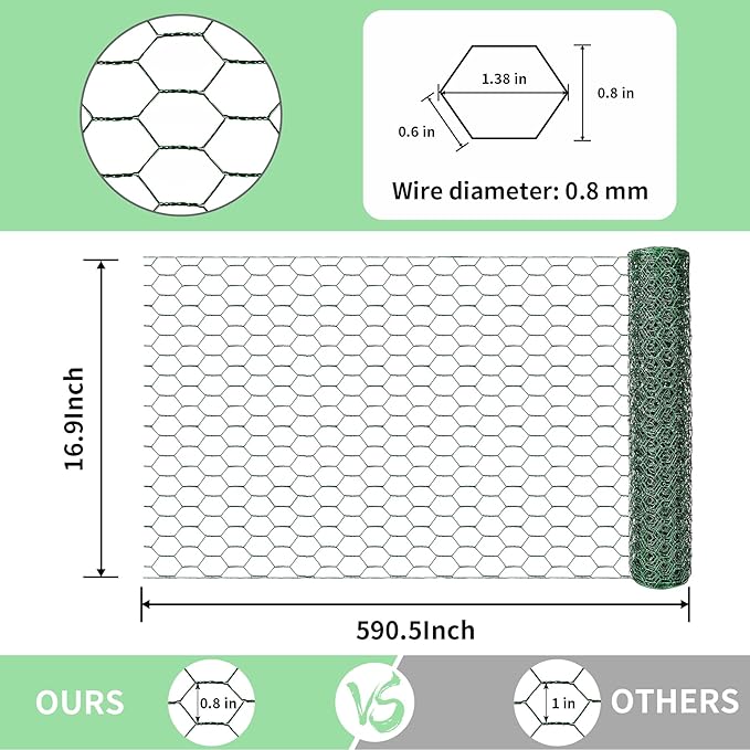 Chicken Wire 16.9 in x 590.5 in Poultry Wire Netting Hexagonal Galvanized Mesh Garden Fence Barrier for Pet Rabbit Chicken Fencing with 100 Pcs Cable Zip Ties(PVC-Coated)