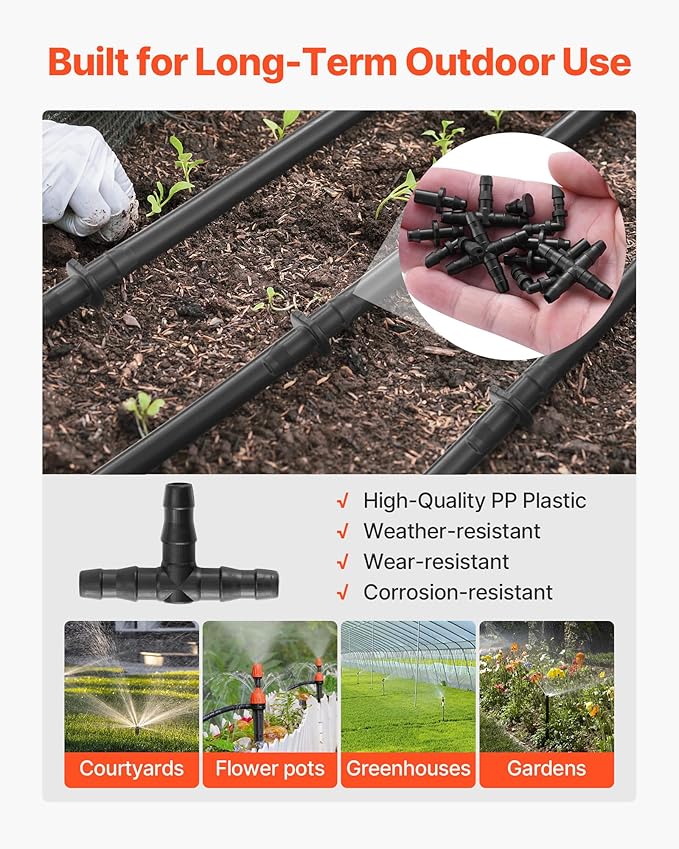 VEVOR Drip Irrigation Fittings Kit for 1/4" Tubing, 300 Pcs Drip Irrigation System Parts, Tees, Straight Barb, 4 Way Coupling, Elbows, End Plug, Single Barbs, Barbed Connectors for Yard Garden Lawn