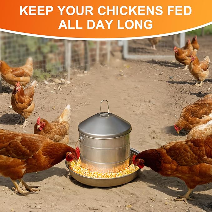 17.8lb Stainless Steel Hanging Chicken Feeder, Metal No Waste Poultry Feeder, Rustproof, Reusable, Long-Lasting, Gravity Feed Chicken Coop Accessories for Chicken, Geese, Duck, Hens, Rooster, Chick