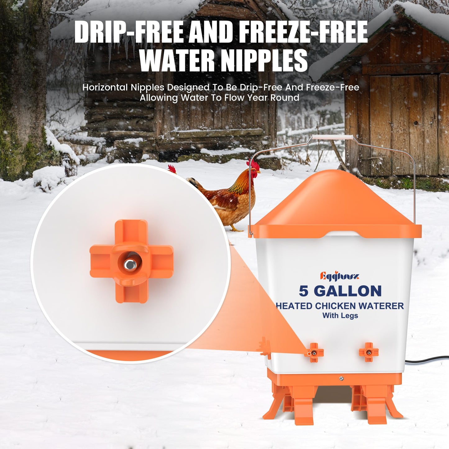 Eggluuz Heated Chicken Waterer 5 Gallon Thermostatically Controlled Poultry Water Heater with 8 Horizontal Nipples for Winter