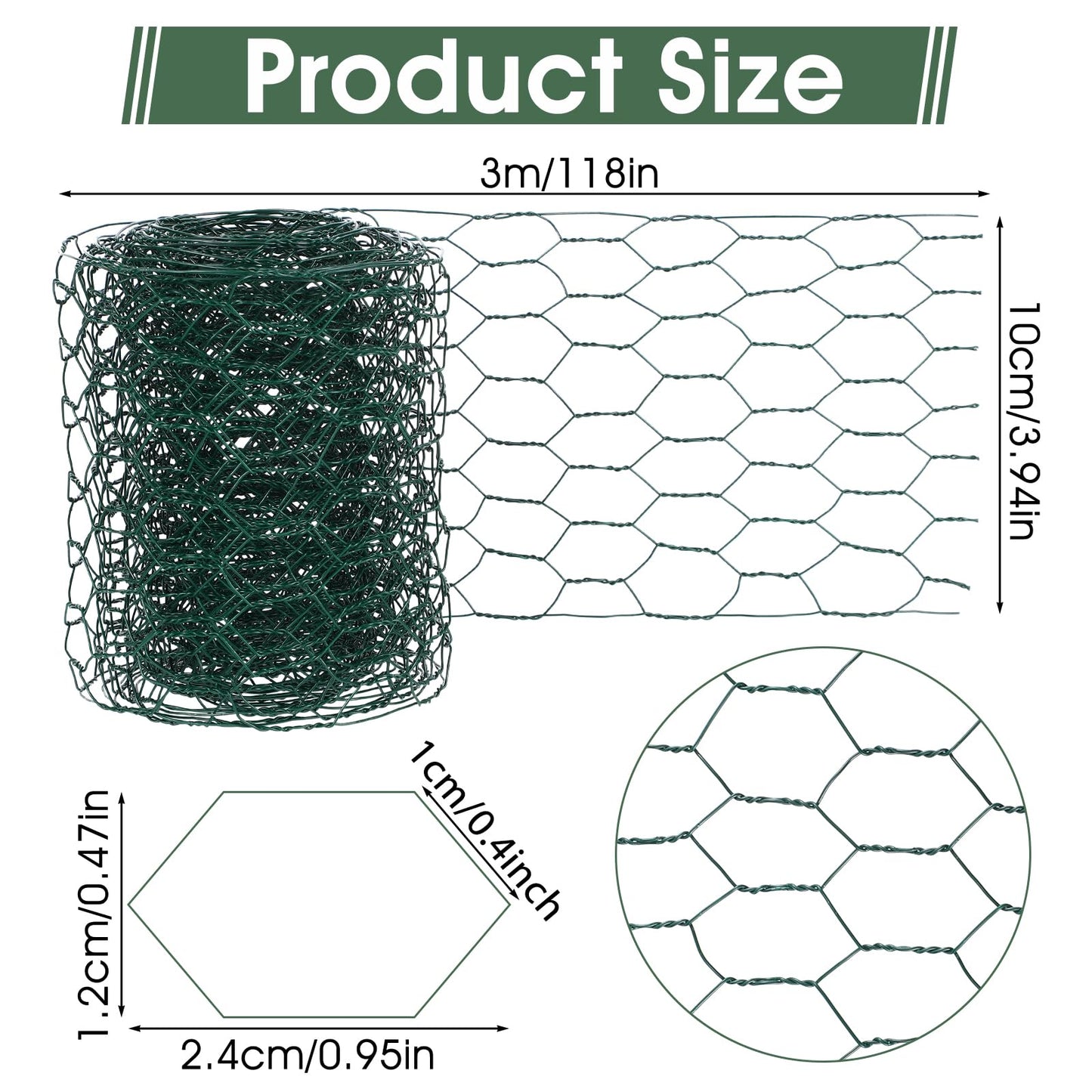 Chicken Wire for Floral Arrangements 3.94x118 Inch Green Chicken Wire Mesh Netting Hexagonal Iron Wires Fence for Crafts Galvanized Poultry Garden
