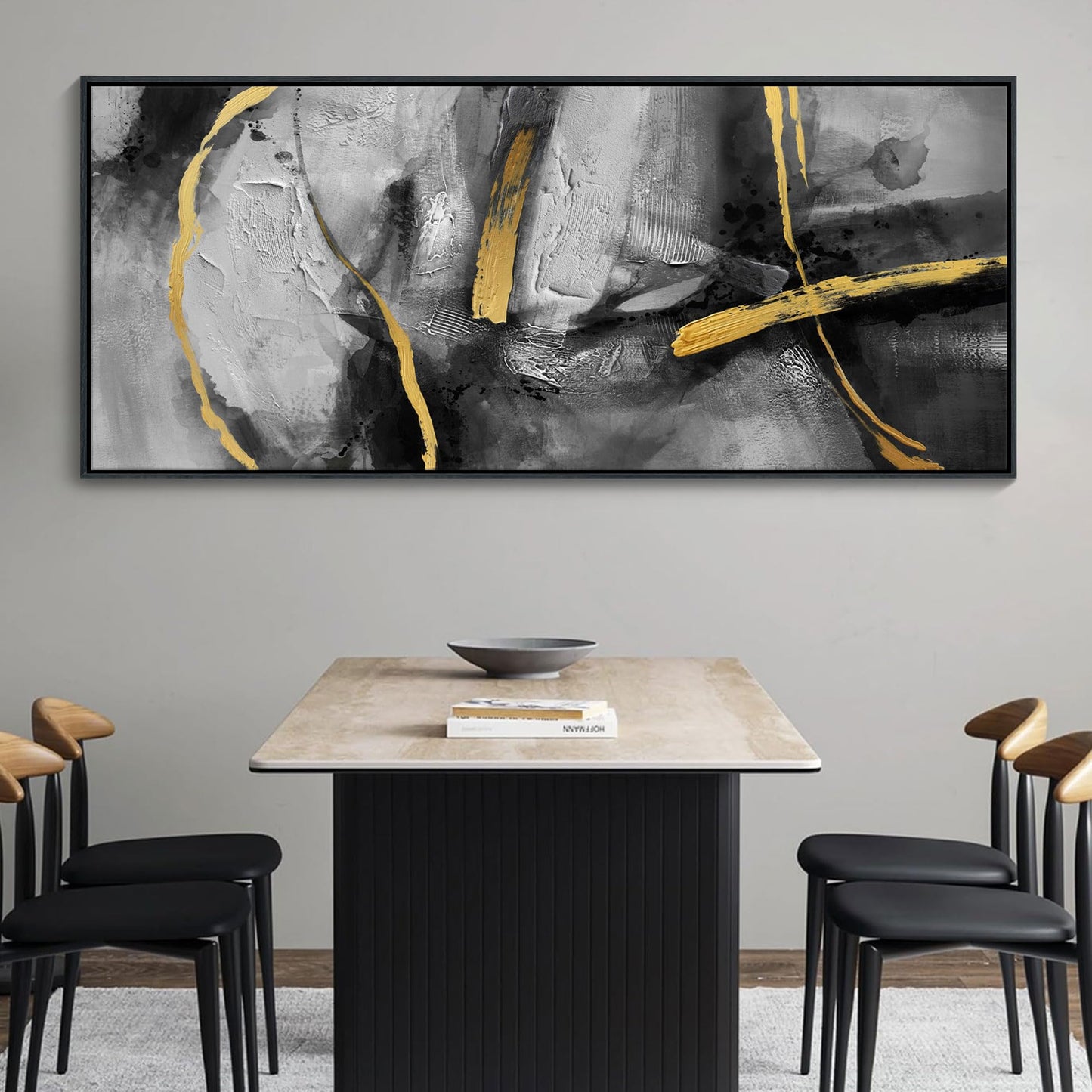 CHATYOUNG Abstract Black Gray Gold Large Canvas Wall Art, Hand-Painted Golden Line Wall Paintings Framed Artwork for Living Room Bedroom Cafe Above Sofa Office Extra Large Home Decor 32"X71"
