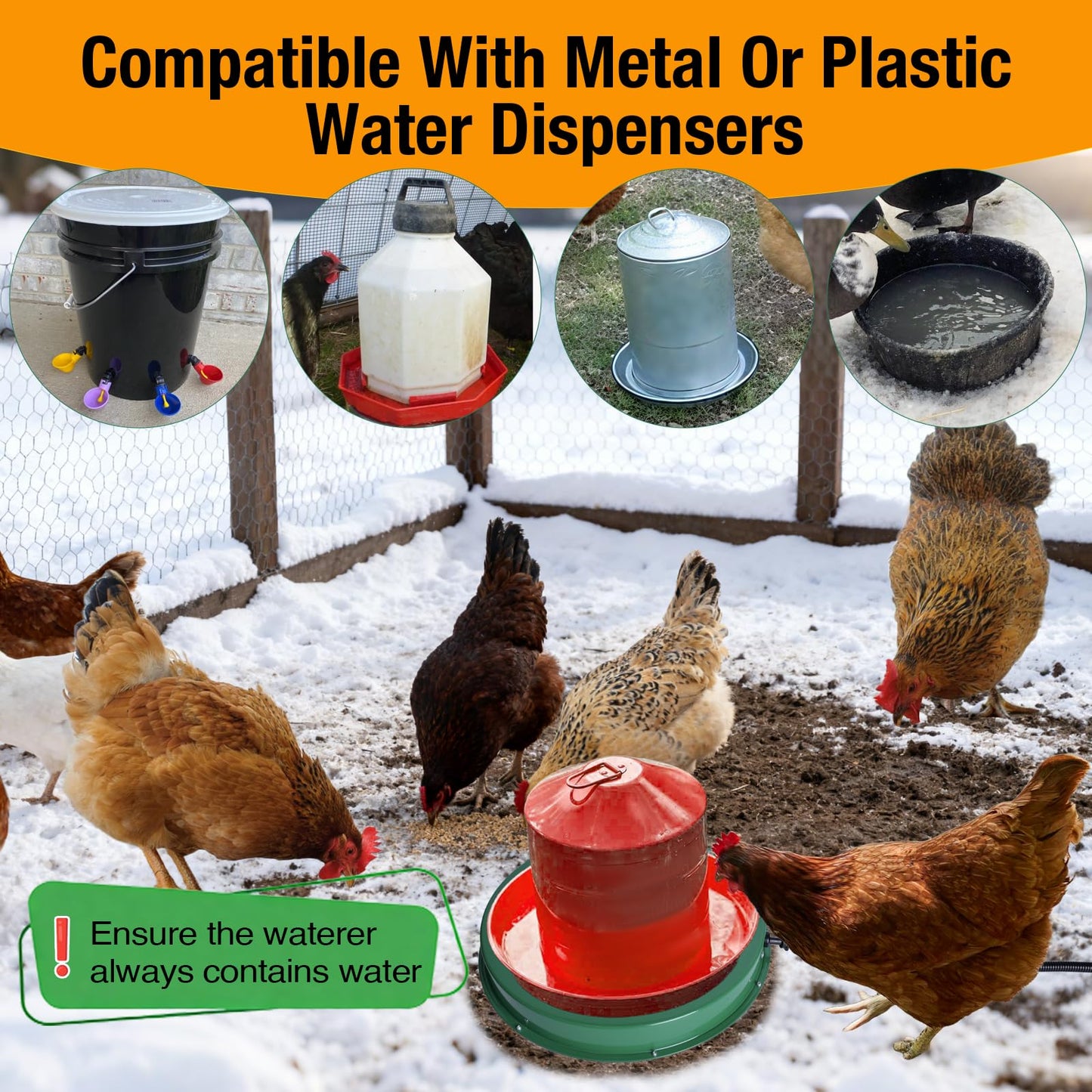 Chicken Water Heater for Winter, 125W Poultry Waterer Heated Base 31.4cm / 12.4in for Metal or Plastic Drinkers 1–5 Gallon, Freeze Proof Thermostat Deicer Chicken Drinker Heater