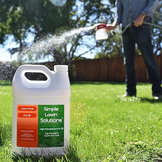 Simple Lawn Solutions - High Potassium Lawn Food Liquid Fertilizer 0-0-25 - Concentrated Spray - Turf Grass Vigor and Plant Hardiness - Summer and Fall - Any Grass Type (1 Gallon)