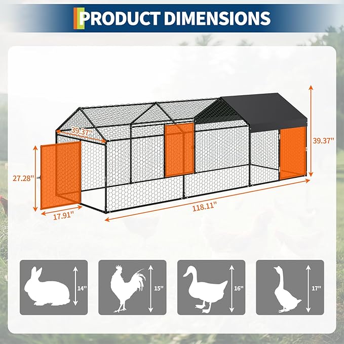 Large Metal Chicken Coop 10' x 3.3" x 3.3" Chicken Runs with Waterproof and Anti-UV Cover,3 Doors,Outdoor Hen House for Yard, Walk in Poultry Cage for Rabbit Duck Goose