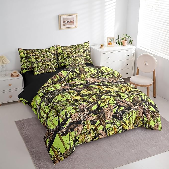 Feelyou Tree Branches 7 Pieces Bedding Set, for Kids Wild Hunting Leaf Bed Set Queen Size Botanical Tree Bed in a Bag with Comforter, Sheets, Pillowcases Bedroom Decor Nature Theme Neon Green Brown