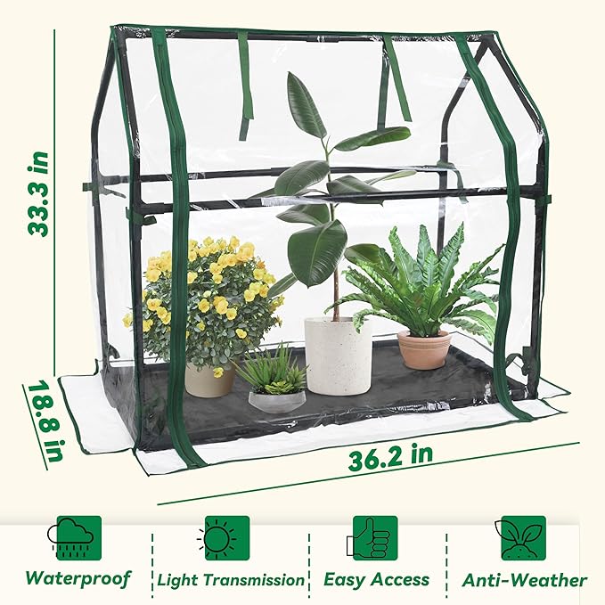 Gardzen Mini Greenhouse with Waterproof Base, Indoor/Outdoor Tabletop Greenhouse for Seed Starting, Plant Protection, Gardening & Winter Shelter, 36.2"(L) x18.9(W) x33.3(H)